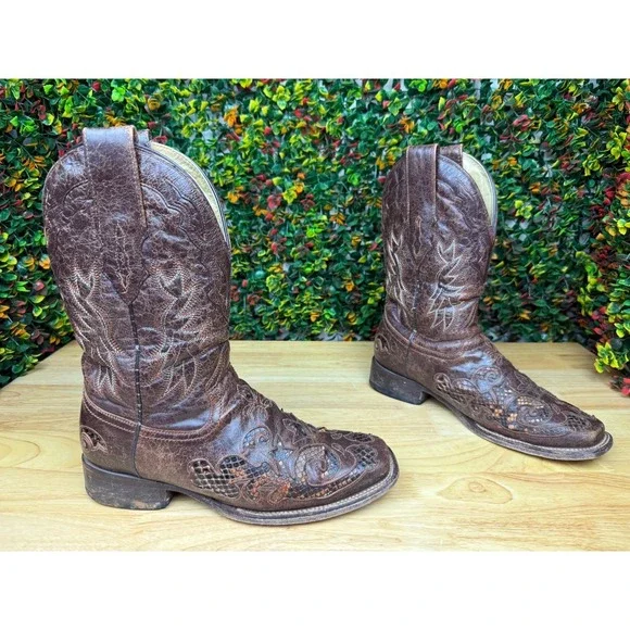 Corral Vintage A2160 Python Inlay Cowboy Western Boots Shoes Chocolate Men 8+8.5